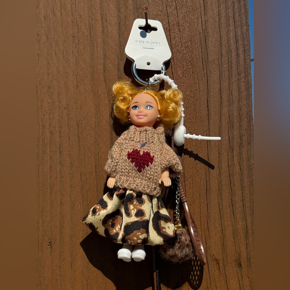 NWT! Doll Keychain with Heart Sweater and Patterned Skirt Tennis keychain